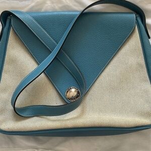 Hermès Heritage Vintage: Blue Clemence Leather & Canvas Toile Christine Shoulder